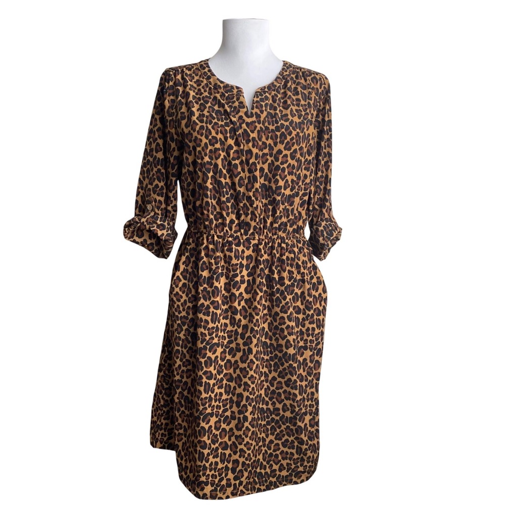Old Navy Leopard Print Shirt Dress Size M Brown Black Roll‎ Tab Sleeve w Pockets